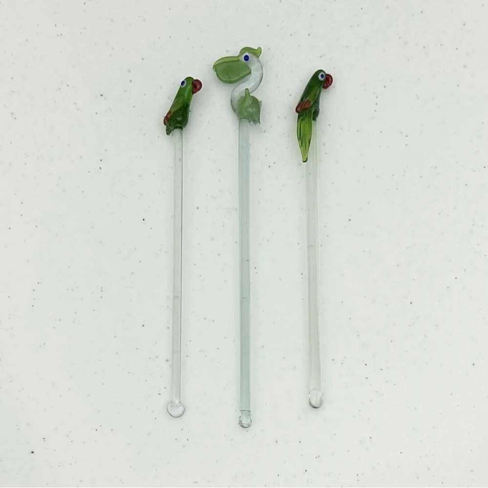 Hand Blown Glass Tropical Birds Bar Stir Swizzle Sticks Drink Stirrers Set Of 3